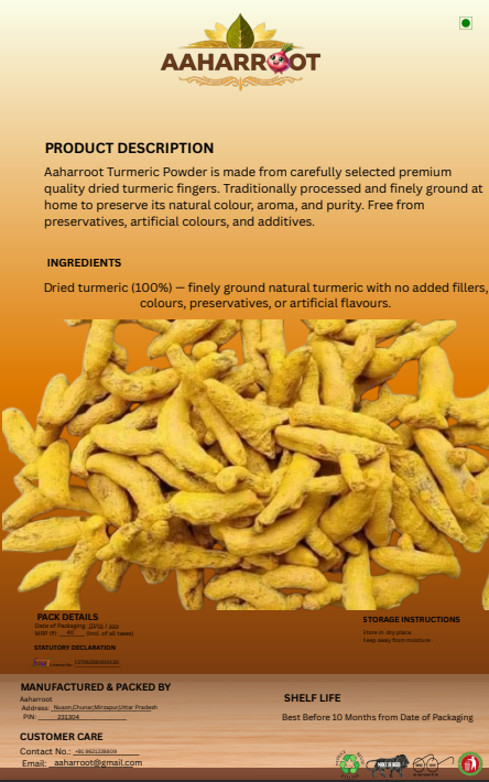 Aaharroot Natural Turmeric Powder – 100% Pure Homemade Haldi (100g)
